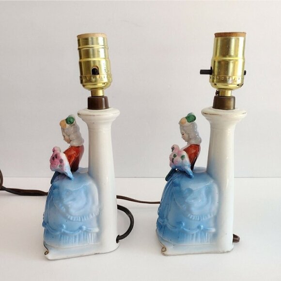Vintage Pair Art Deco Sitzendorf German Porcelain Figurine Lamps Victorian Lady - Picture 4 of 12